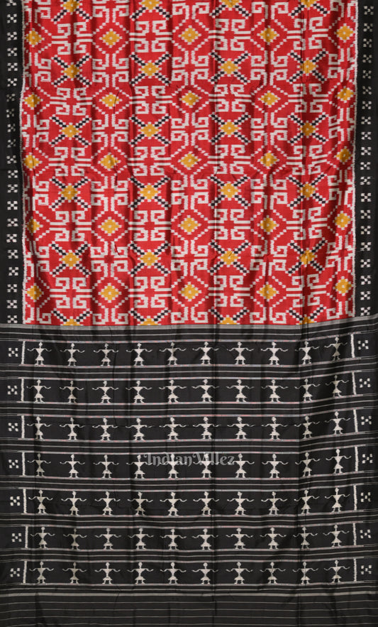 Red Black Odisha Ikat Contemporary Designer Silk Saree with Tribal Anchal