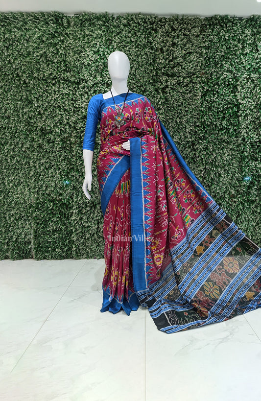 Pink Sky Blue Flower and Elephant Contemporary Khandua Silk Saree