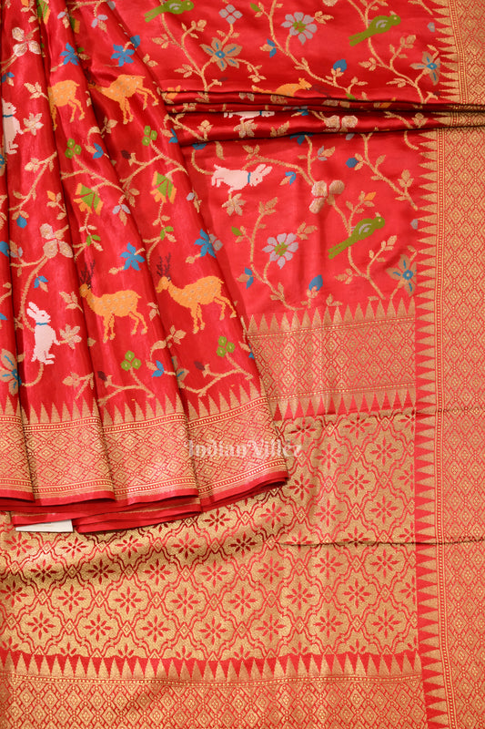 Pure Authentic Red Tussar Banarasi Silk Saree with thread embroidery