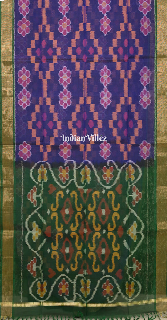 Purple Bottle Green Pochampally Ikat Silk Cotton (Sico) Saree