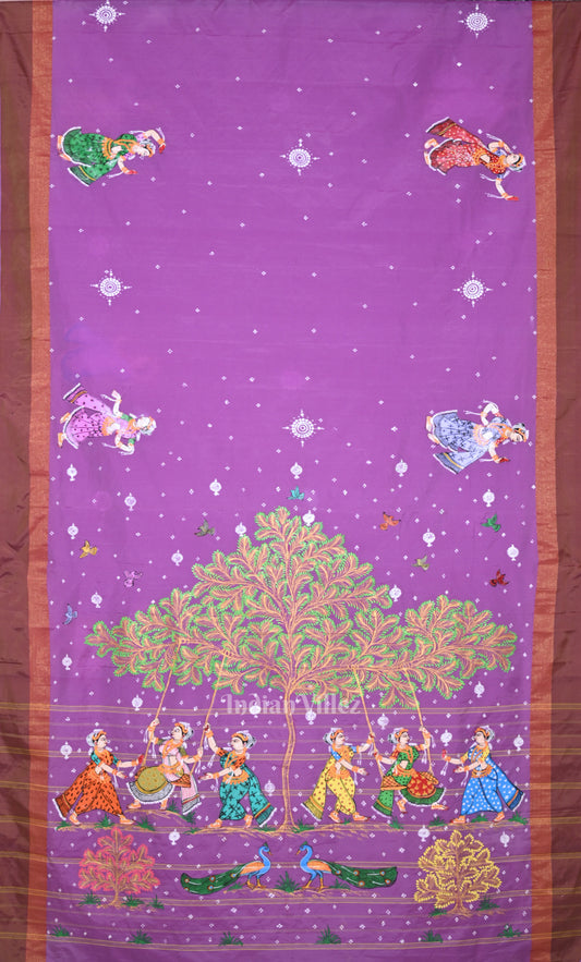 Rani Pink Brown Raja Theme Hand-Painted Pattachitra Saree