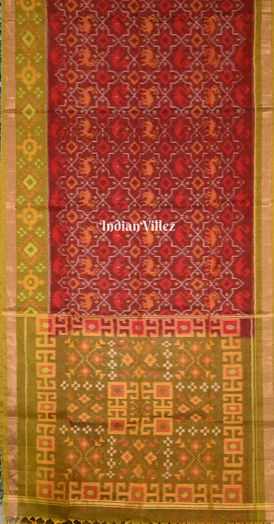 Maroon Olive Green Red Pochampally Ikat (Sico) Saree