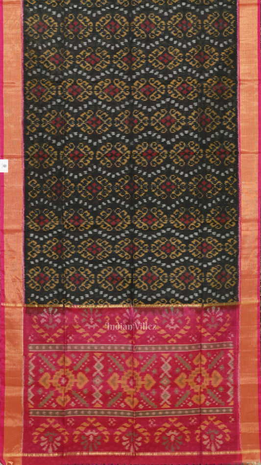 Black Pink Pochampally Ikat Sico Saree(Silk & Cotton) with Zari Border