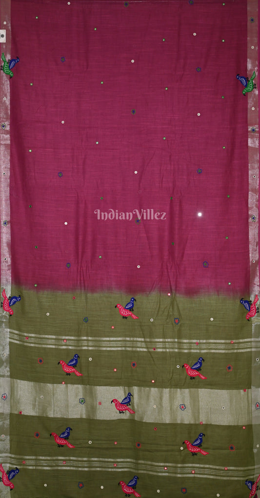 Magenta Pink Green Bird Motif Hand Embroidered Applique Work Saree