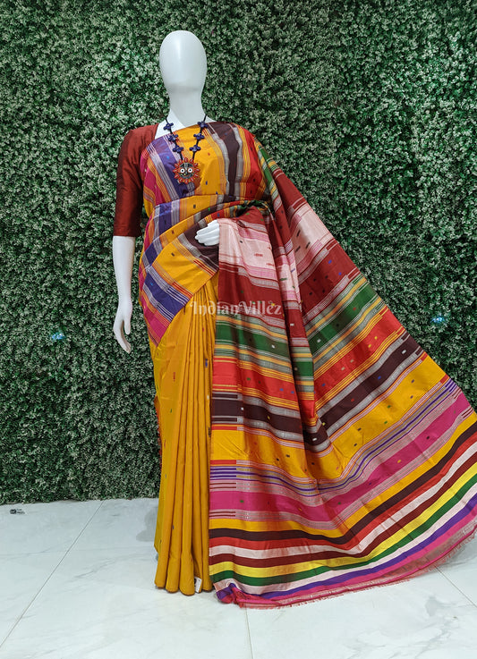 Golden Yellow Habaspuri Inspired Contemporary Bomkai Sambalpuri Silk Saree