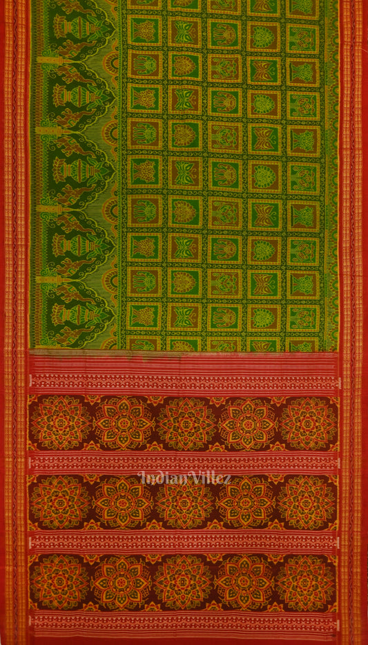 Parrot Green with Pure Red Sambalpuri Ikat Silk*Cotton (Bapta) Saree