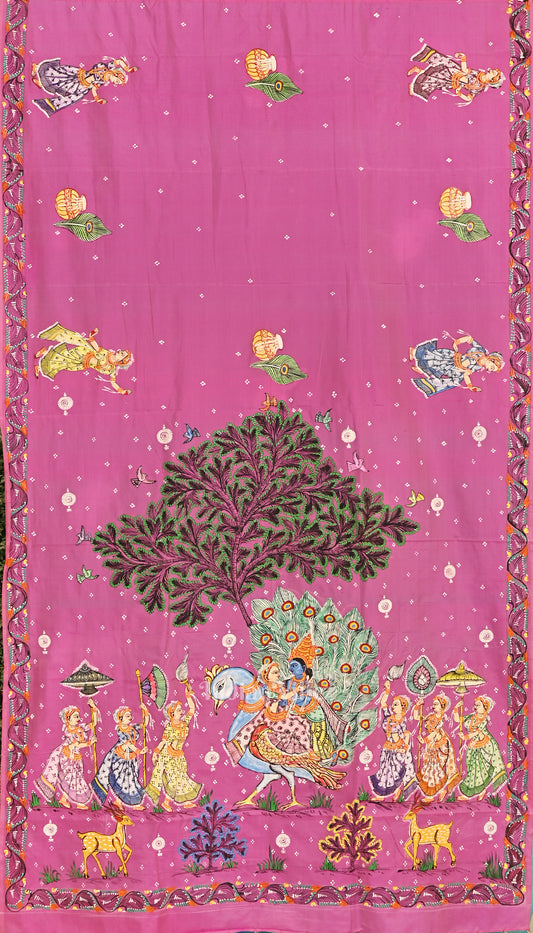 Baby Pink With Copper Sulphate Radha Krishna Pattachitra Saree