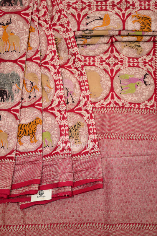 Rani Pink Shikargah Theme Banarasi Khaddi Georgette Saree