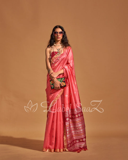 Peach Handwoven Tussar Banarasi Saree With Emboridery on Pallu