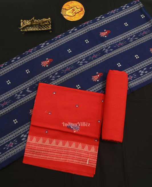 Navy Blue with Red Doll Odisha Ikat Sambalpuri Dress Material & Dupatta