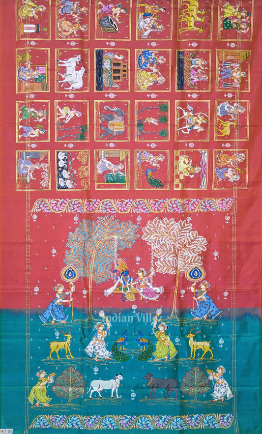 Red Green Radha Krishna Village Theme Pattachitra Saree