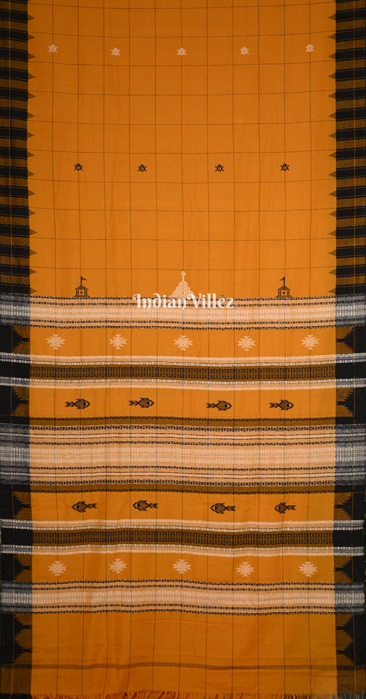 Mustard Yellow Black Odisha Handloom Natural Dye Kotpad Cotton Saree