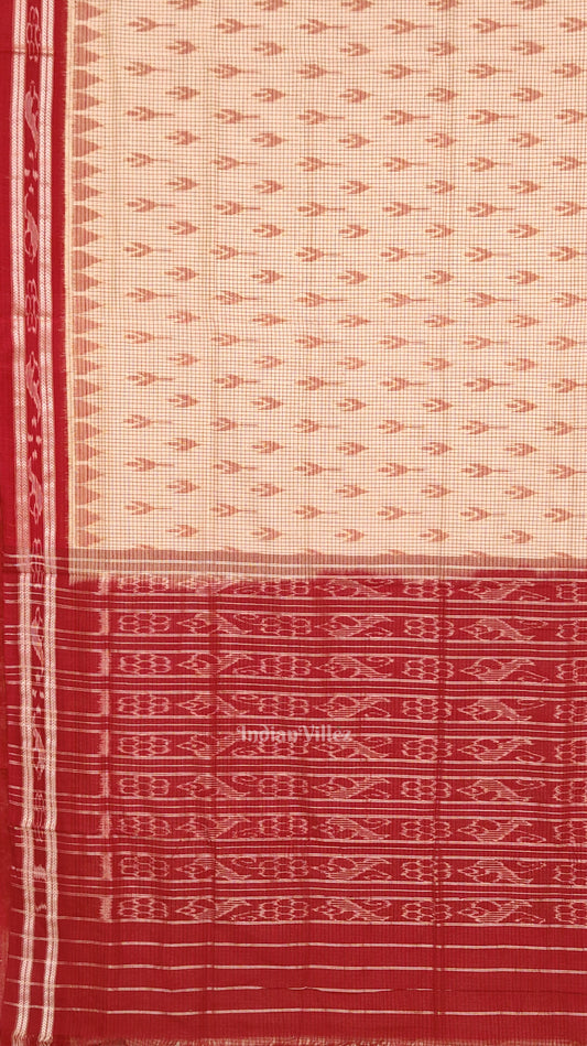 Beige Cream Red Check Mayur Chandrika Maniabandha Cotton Saree