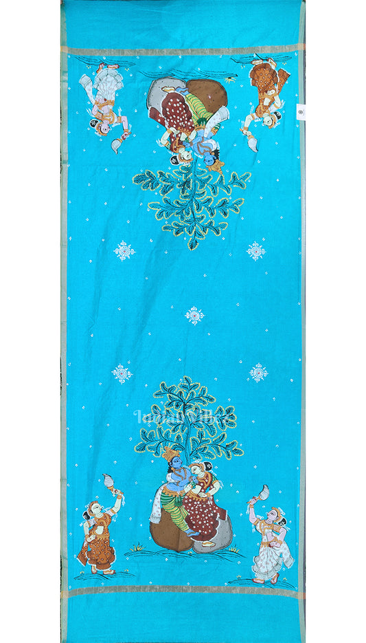 Aqua Blue Krishna Raasleela Pattachitra Chanderi Dupatta