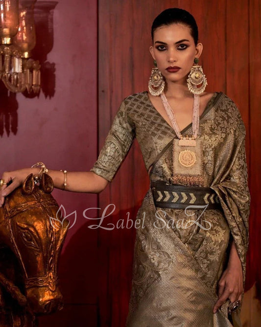 Steal Grey Floral Zari Tissue Kanjivaram Silk Saree