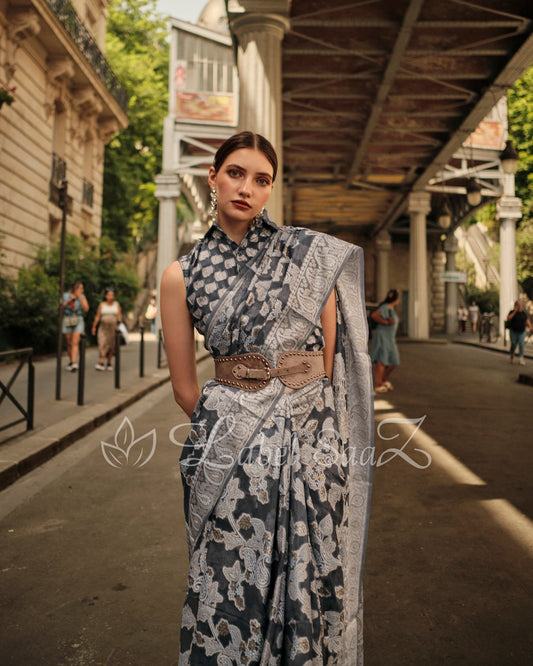 Charcoal Grey Handwoven Pure Organza Silk Chikankaro Saree