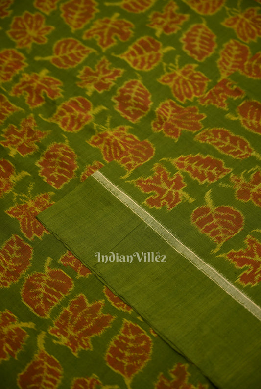Green Autumn Leaves Motif Sambalpuri Ikat Cotton Fabric