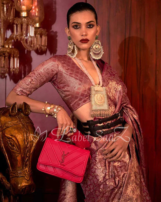 Burgundy Floral Zari Tissue Kanjivaram Silk Saree