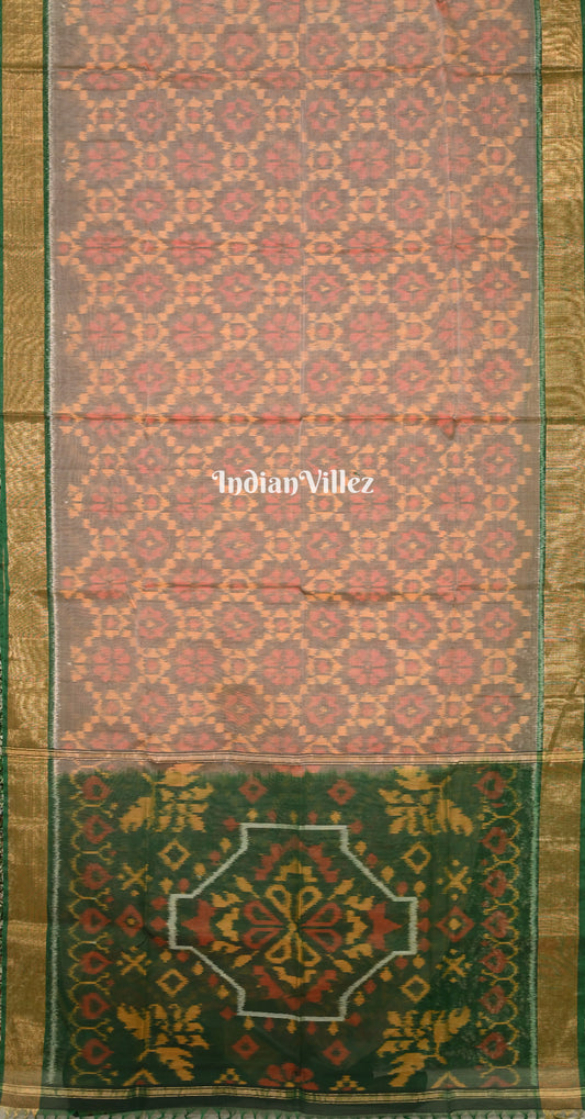 Peach Green Pochampally Ikat Silk Cotton (Sico) Saree