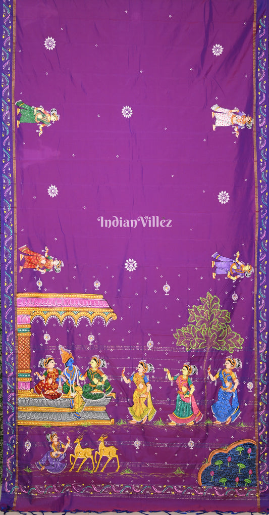 Purple Krishna Rasa Leela Hand-Painted Pattachitra Saree