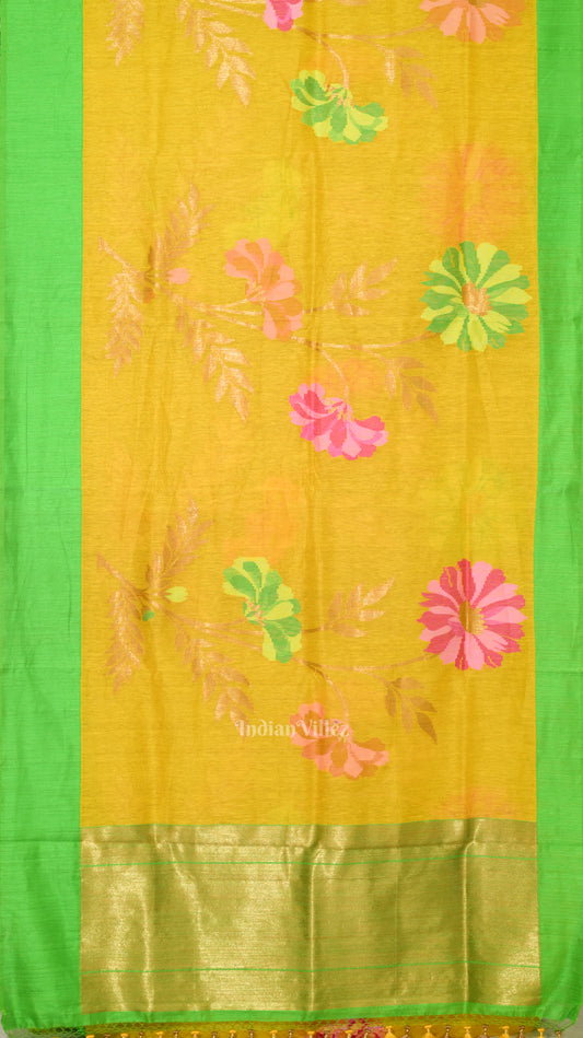 Yellow Designer Ravi Verma Painting Tissue Banarasi Silk Saree