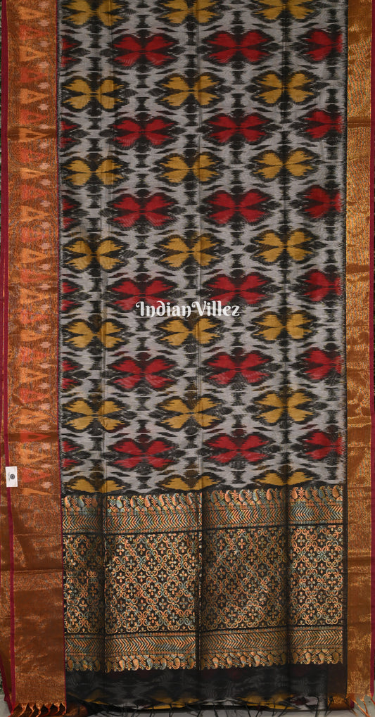 White Black Pochampally Ikat (Sico) Saree