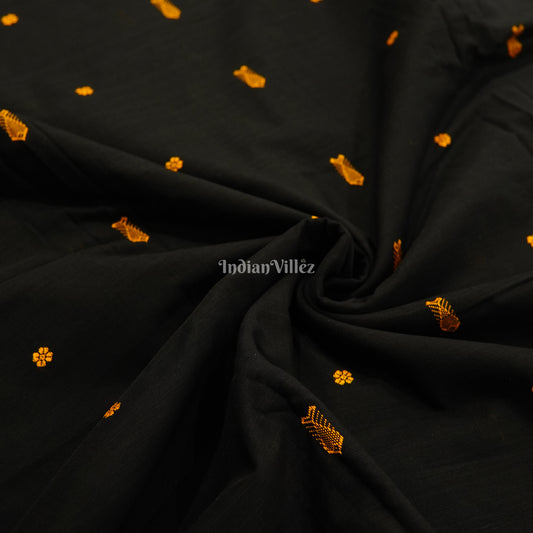 Black Fish & Flower Motif Bomkai Cotton Fabric