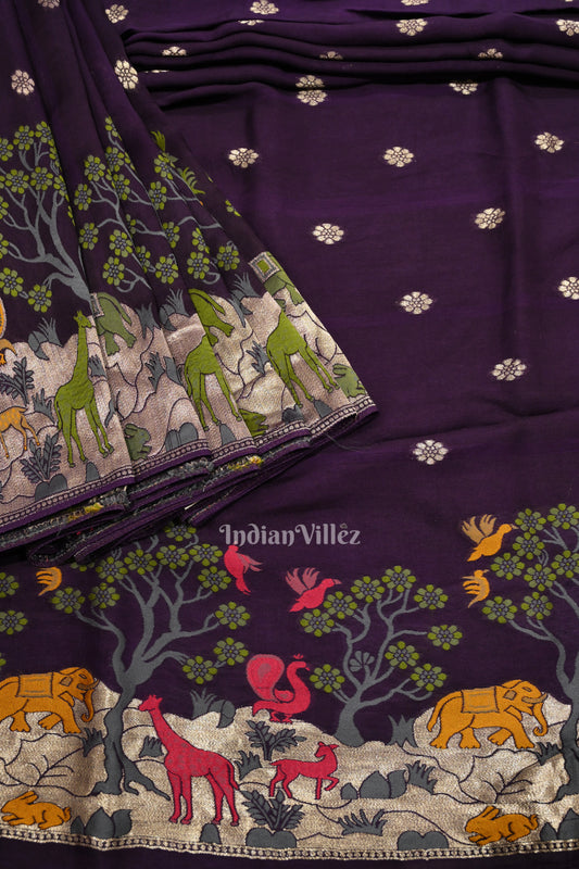 Violet Shikargah Theme Tussar Banarasi Handloom Silk Saree