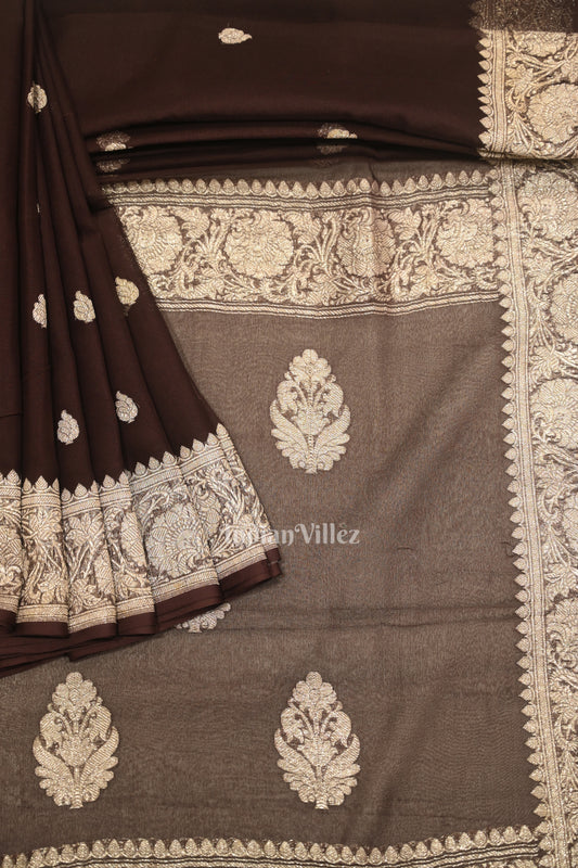 Coffee Color Pure Khaddi Chiffon Banarasi Saree