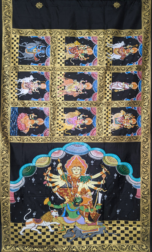 Black Navaratri Durga Puja Theme Hand-Painted Pattachitra Saree
