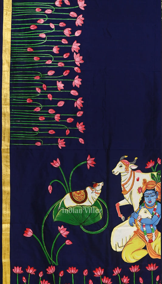 Navy Blue with Floral Theme Hand-Painted Pattachitra Saree