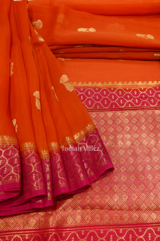 Orange with Rani Pink Kora Organza Banarasi Saree