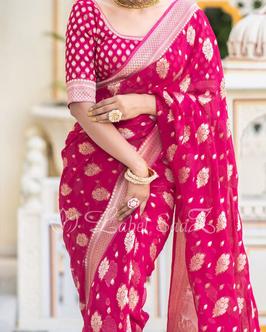 Pink Handwoven Georgette Banarasi Saree