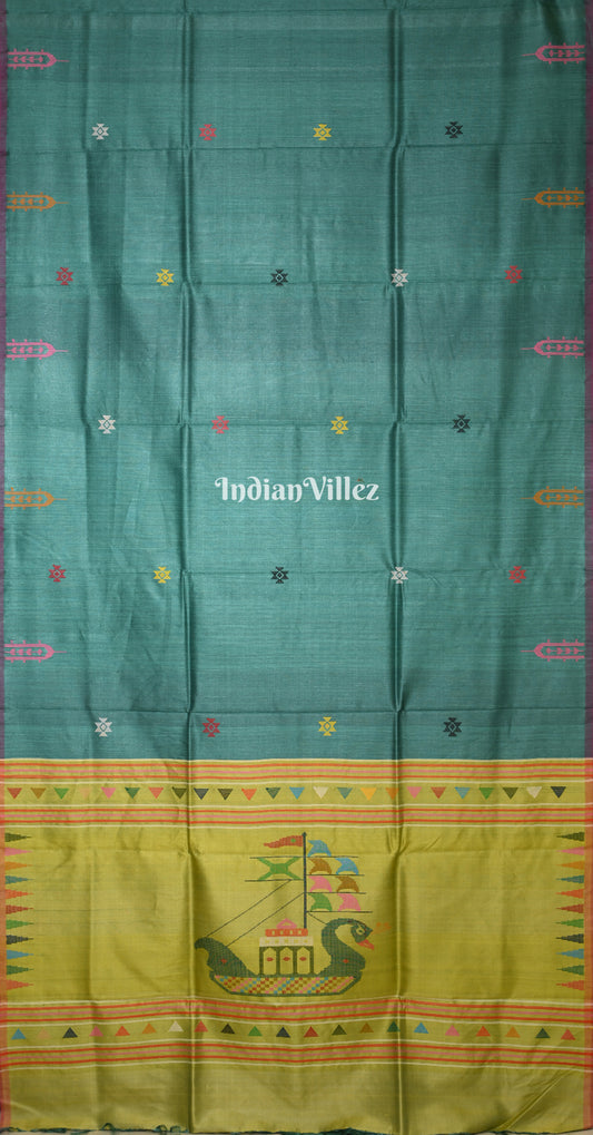 Teal Green Olive Gopalpur Tussar Silk Saree with Boita Anchal