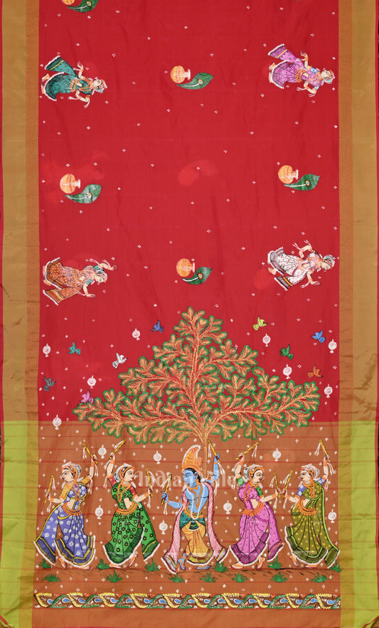 Red Green Raasleela Hand-Painted Pattachitra Saree