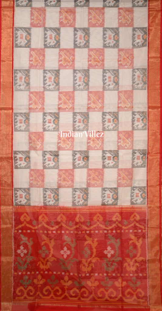 Off White Red Pochampally Ikat (Sico) Saree