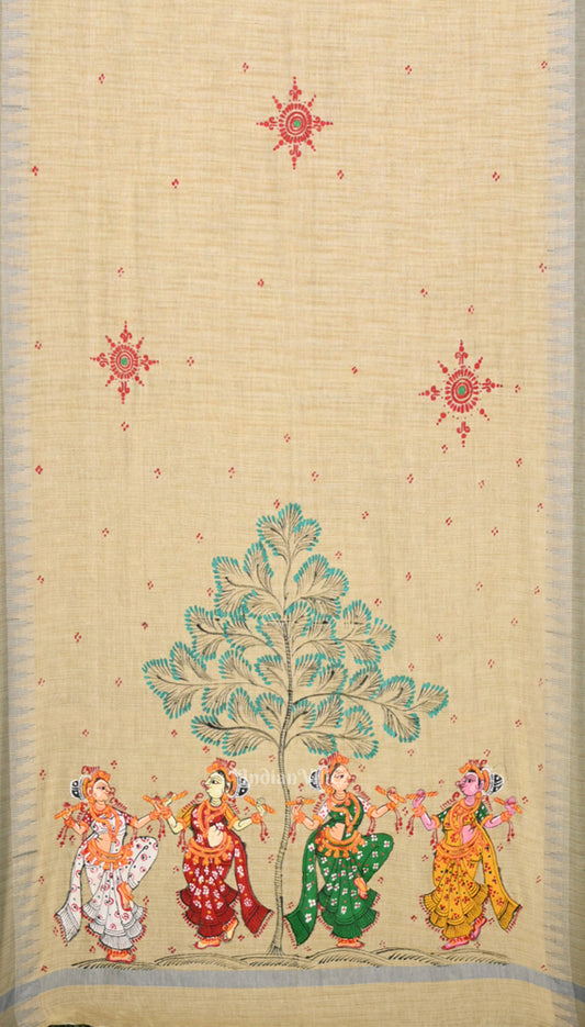 Cream Beige Dandiya Tussar Pattachitra Dupatta