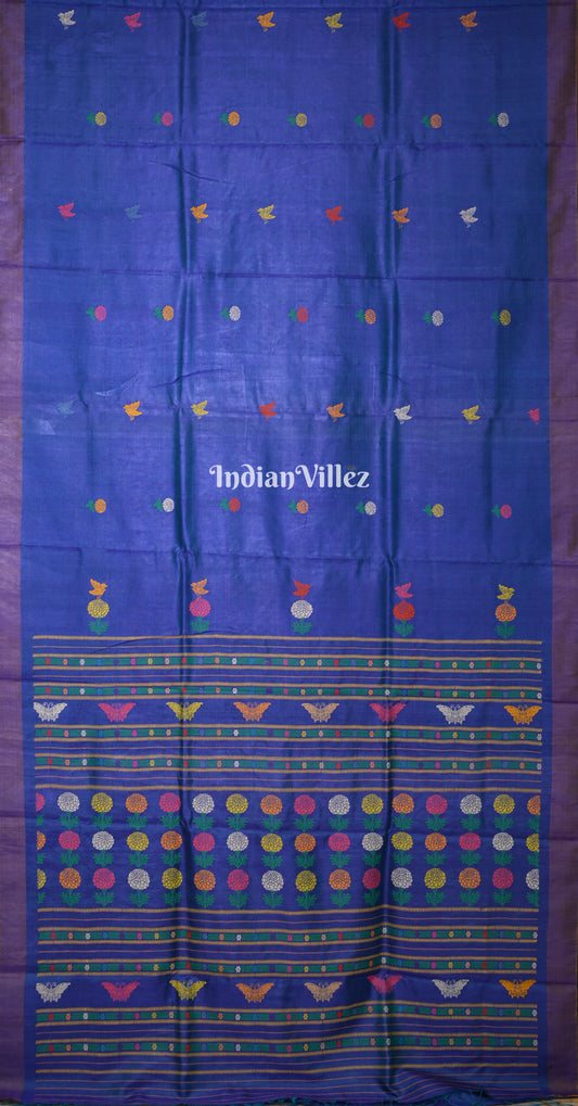 Royal Blue Marigold Wild Garden Master Weave Gopalpur Tussar Silk Saree
