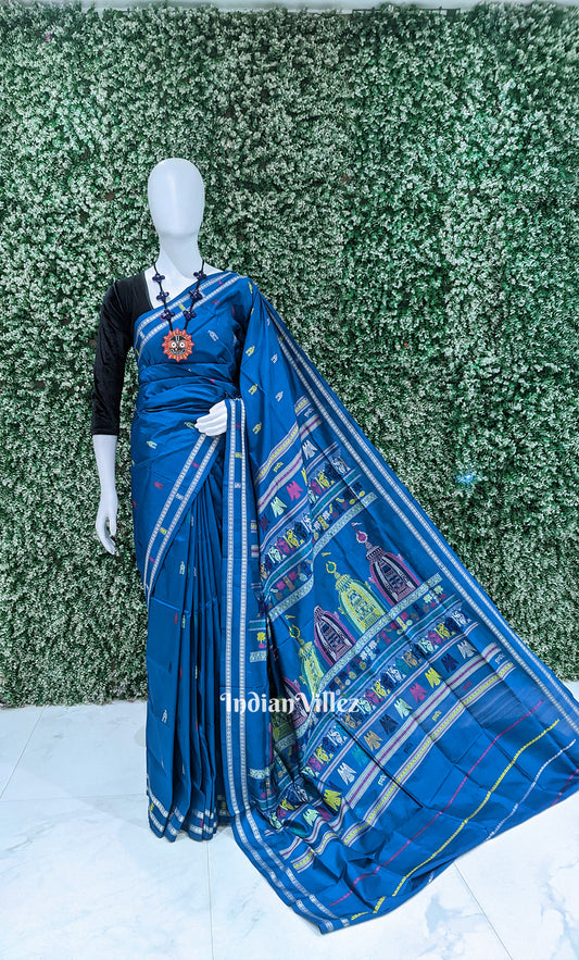 Blue Shree Mandir Theme Sambalpuri Ikat  Silk Saree