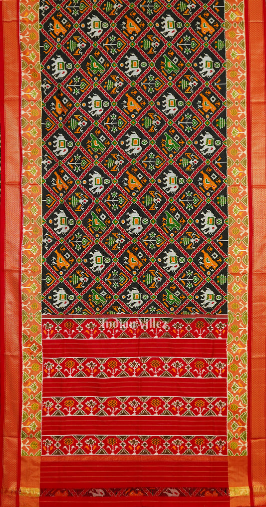 Black With White Elephant Design Silk Handloom Pochampally Ikat Saree