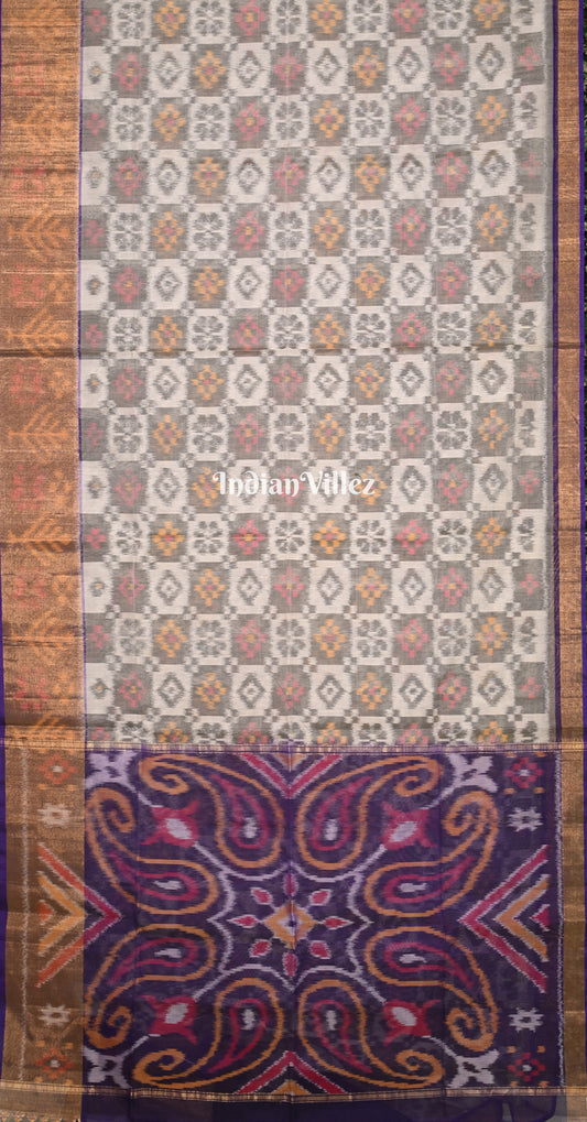 Off White Purple Pochampally Ikat (Sico) Saree