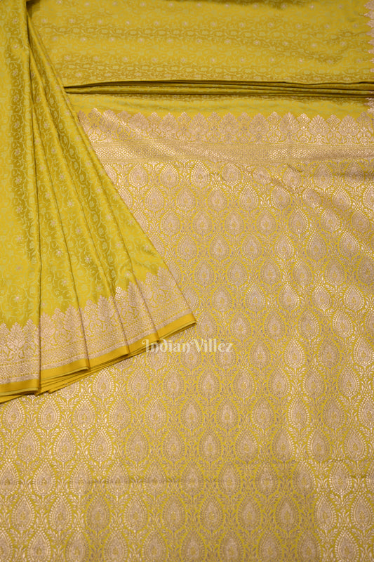 Lime Yellow Meenakari Mashru Satin Silk Banarasi Saree