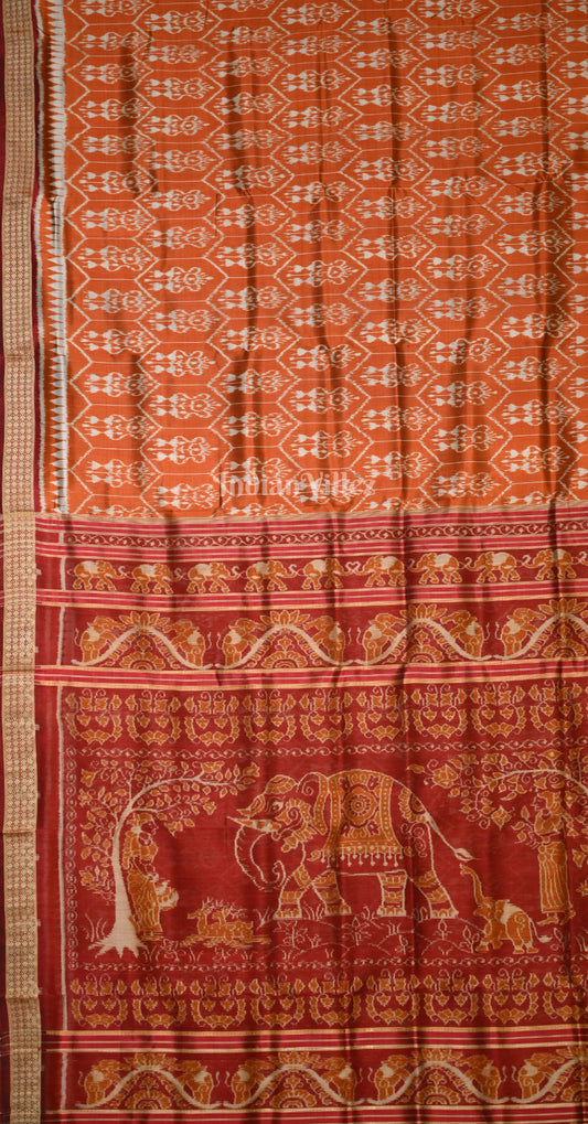 Orange Maroon Tribal Motif Odisha Ikat Sambalpuri Silk Saree
