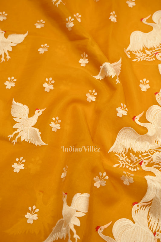 Mustard Yellow Parsi Gara Floral Motif Hand Embroidered Saree
