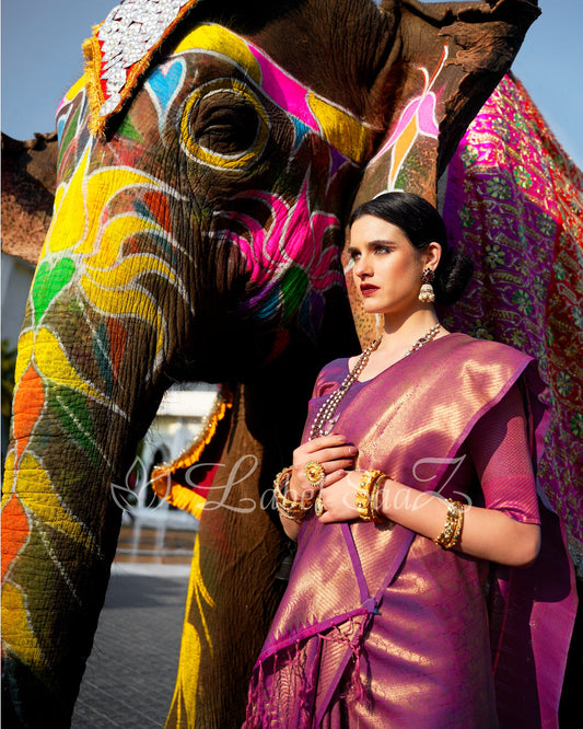 Purple Royal Jacquard Tissue Banarasi Self Weaving with all over body work