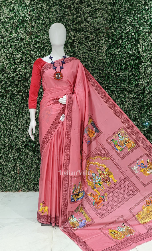 Baby Pink Ramayan Theme Hand-Painted Pattachitra Saree