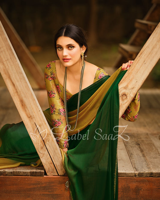 Brown Rama Green Chiffon Saree with Floral Blouse