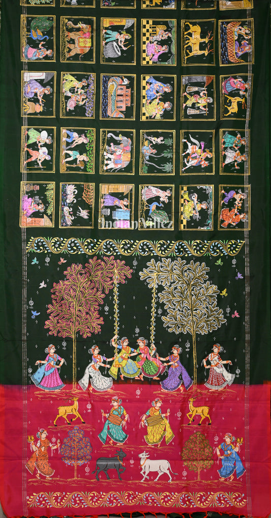 Green Pink Krishna Raas Village Theme Hand- Painted Pattachitra Saree