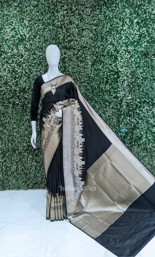 Black Handwoven Banarasi Katan Silk Saree with Kashi Ghat Weaves