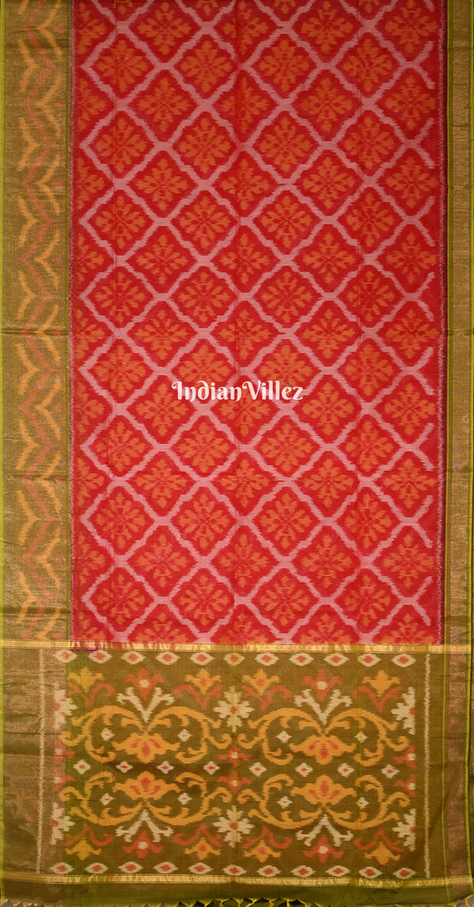 Brick Red Olive Green Pochampally Ikat Silk Cotton (Sico) Saree
